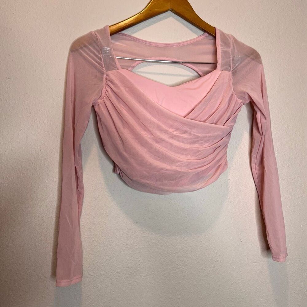 Laslulu pink long sleeve sheer mesh crop top with a sweetheart neckline and wrap